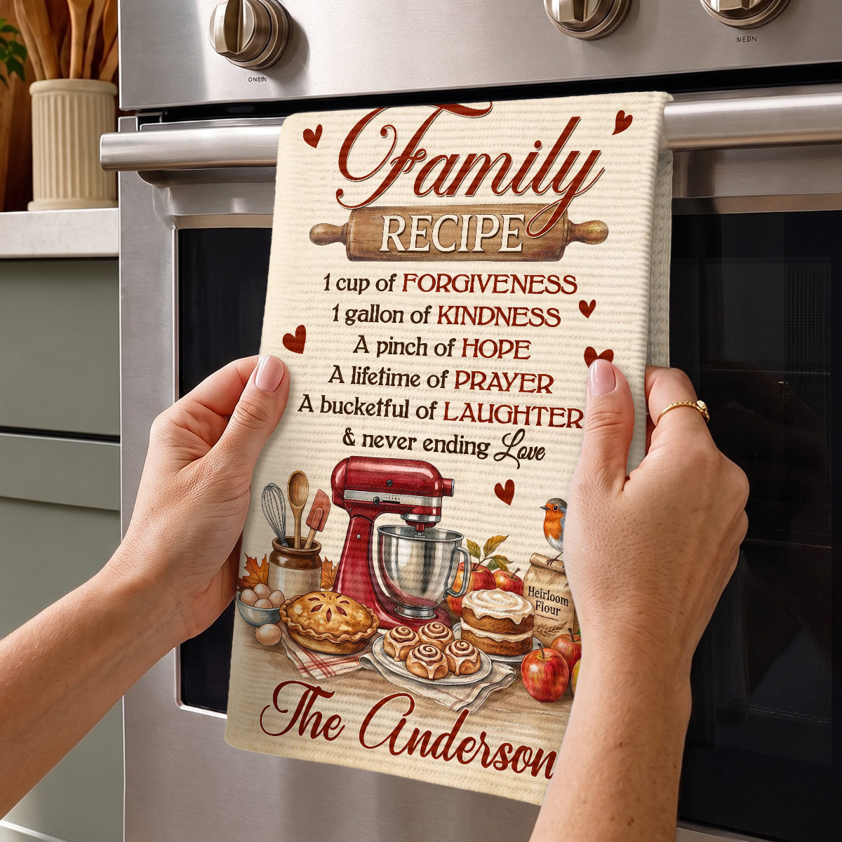 "Recipe For A Happy Family" – Personalized Kitchen Towel | Gift For Families & Home Cooks