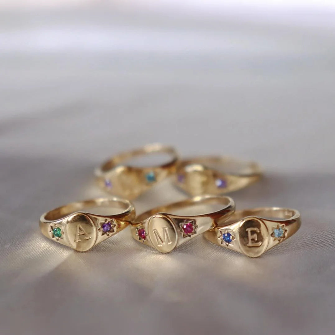 Personalized Birthstones Signet Initial Ring