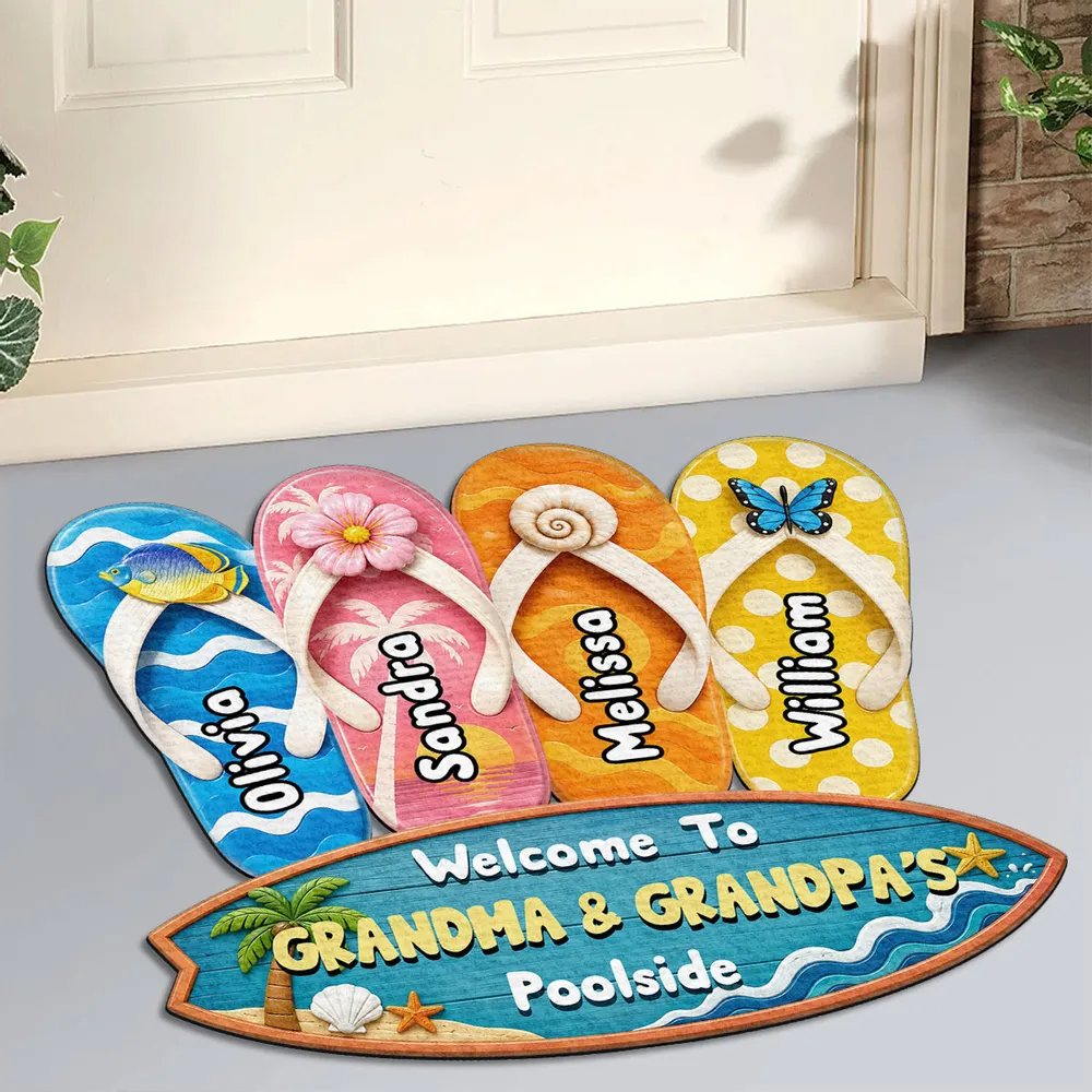 Summer Beach House Decor – Personalized "Flip Flop Family" Custom Doormat