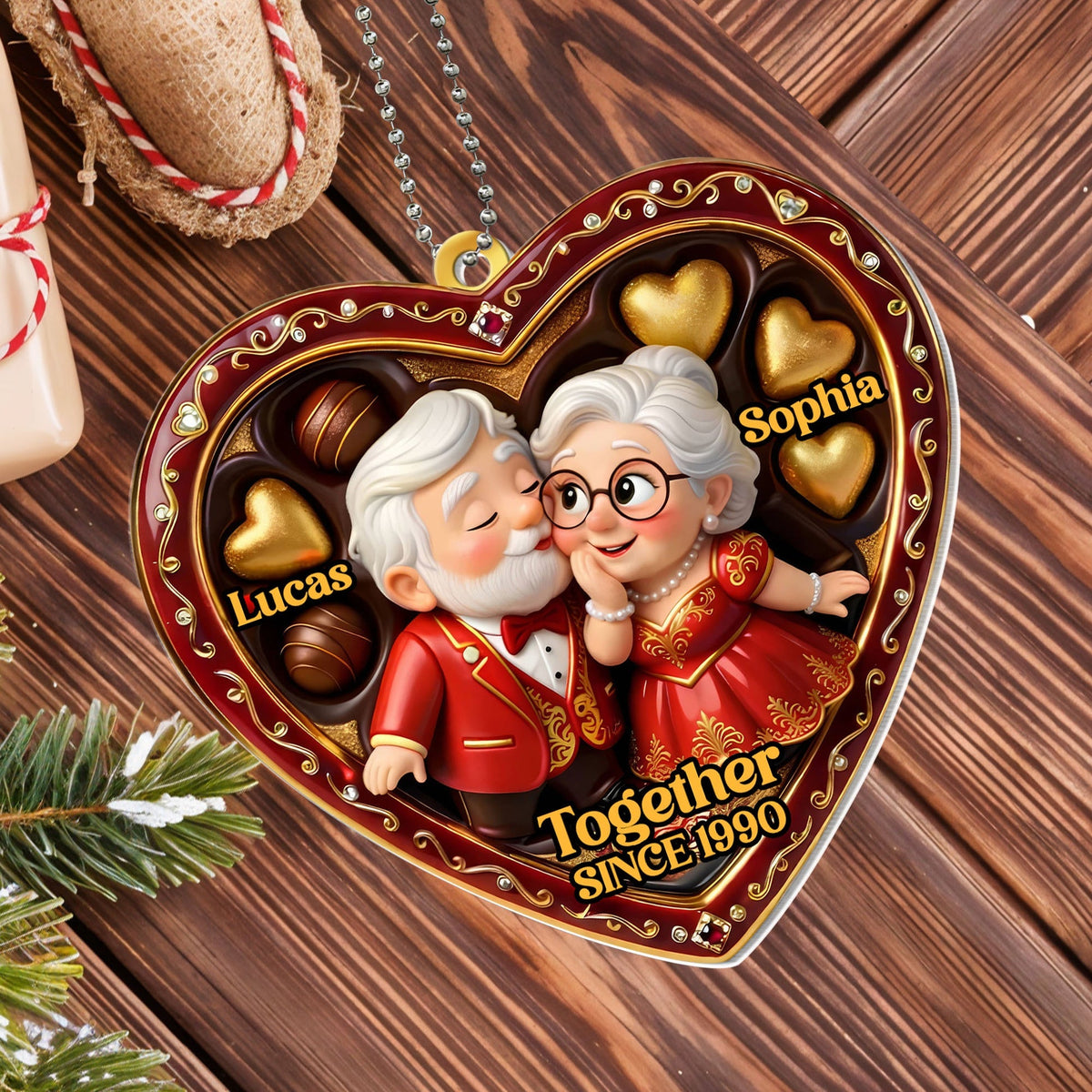 "Together Since [Year]" Heart Ornament With Elderly Couple – Personalized Gift For Grandparents & Couples