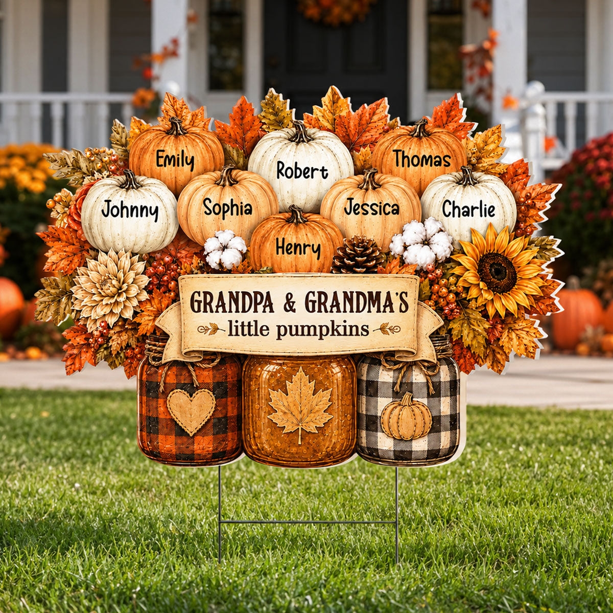 "Cozy Fall Mason Jars & Pumpkins" – Personalized Yard Sign | Fall Decor For Grandparents