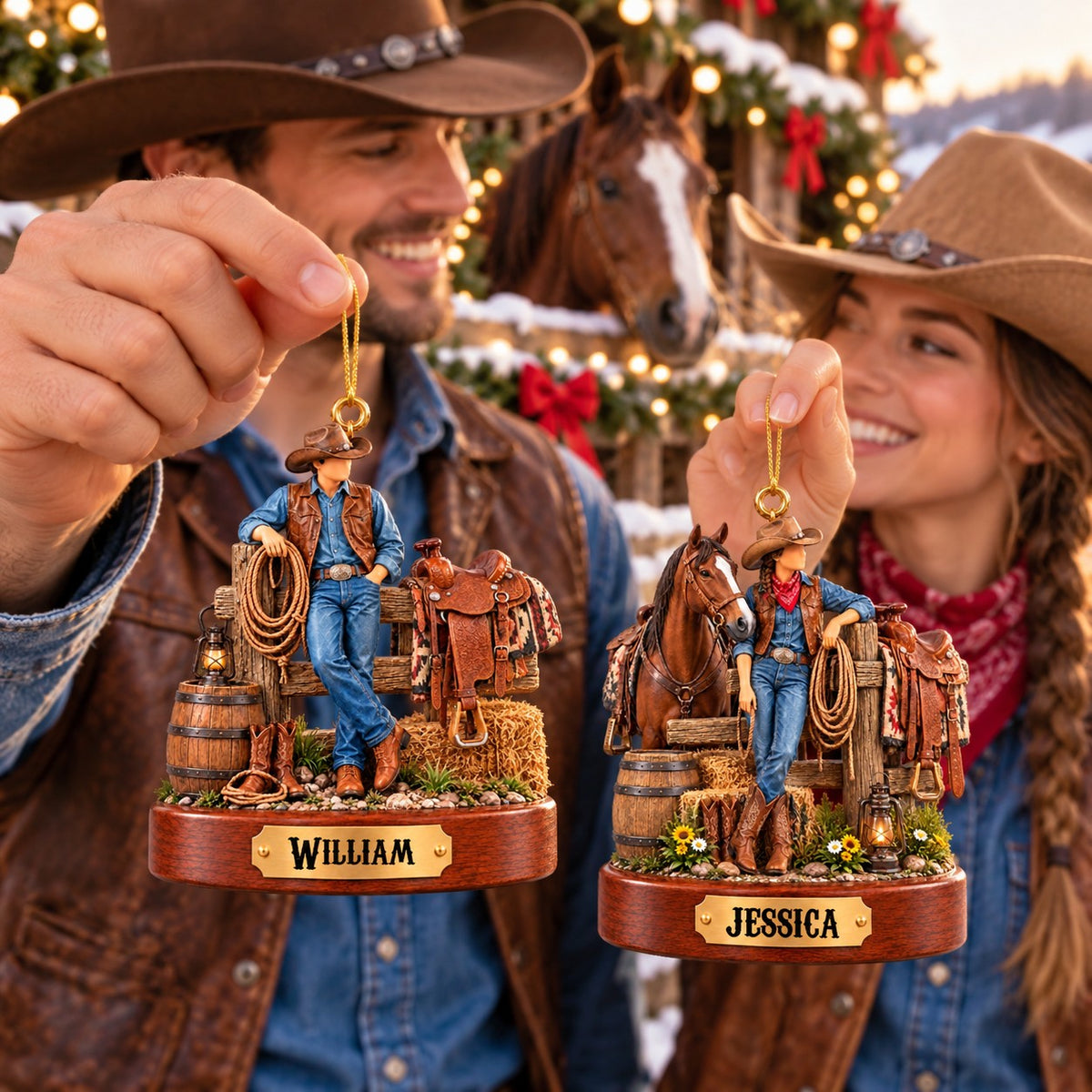 Personalized Cowboy Cowgirl Ornament, Custom Western Christmas Ornament
