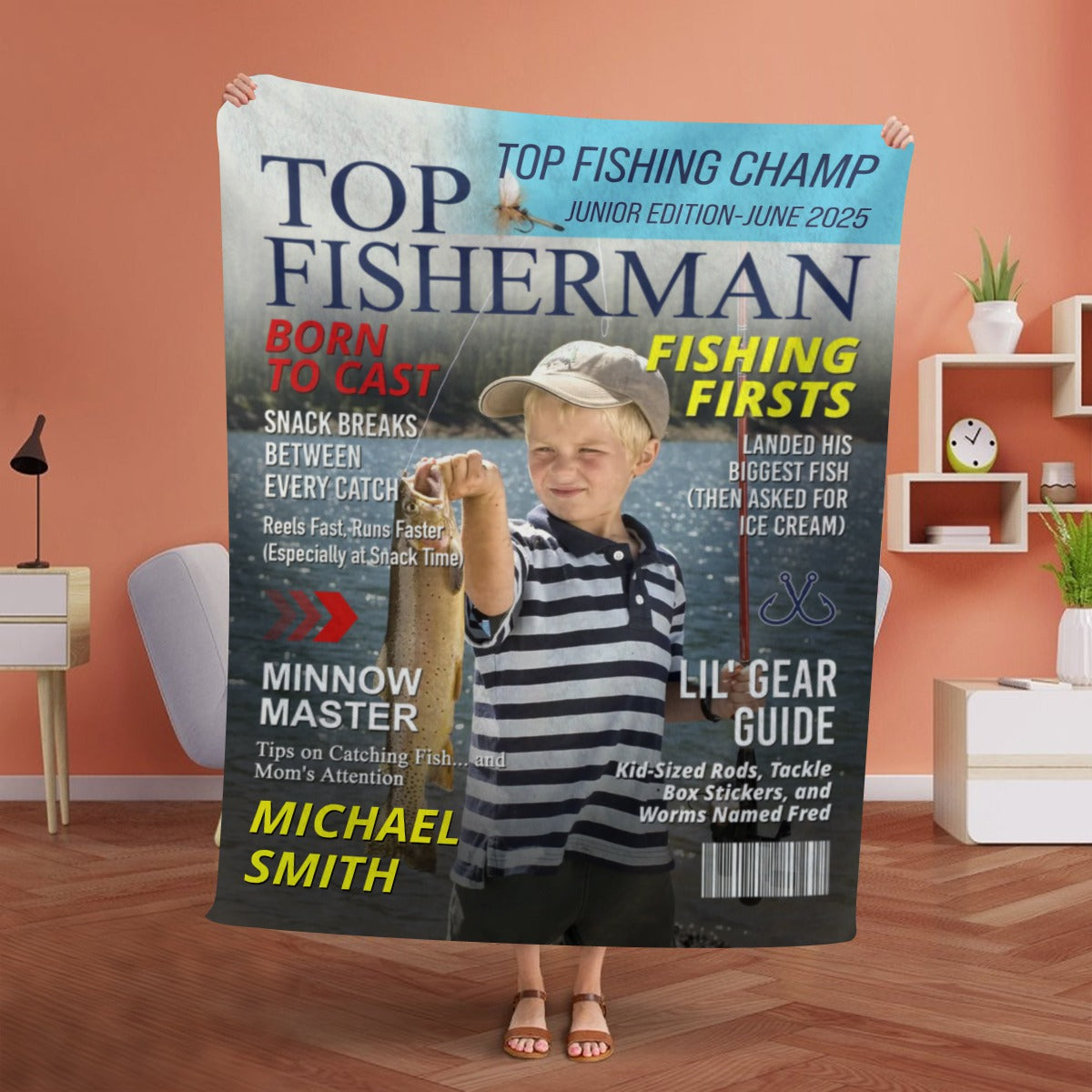 Custom Kids Fishing Magazine Cover Blanket, Fishing Gifts for Boys, Fishing Gift for Son, Grandson