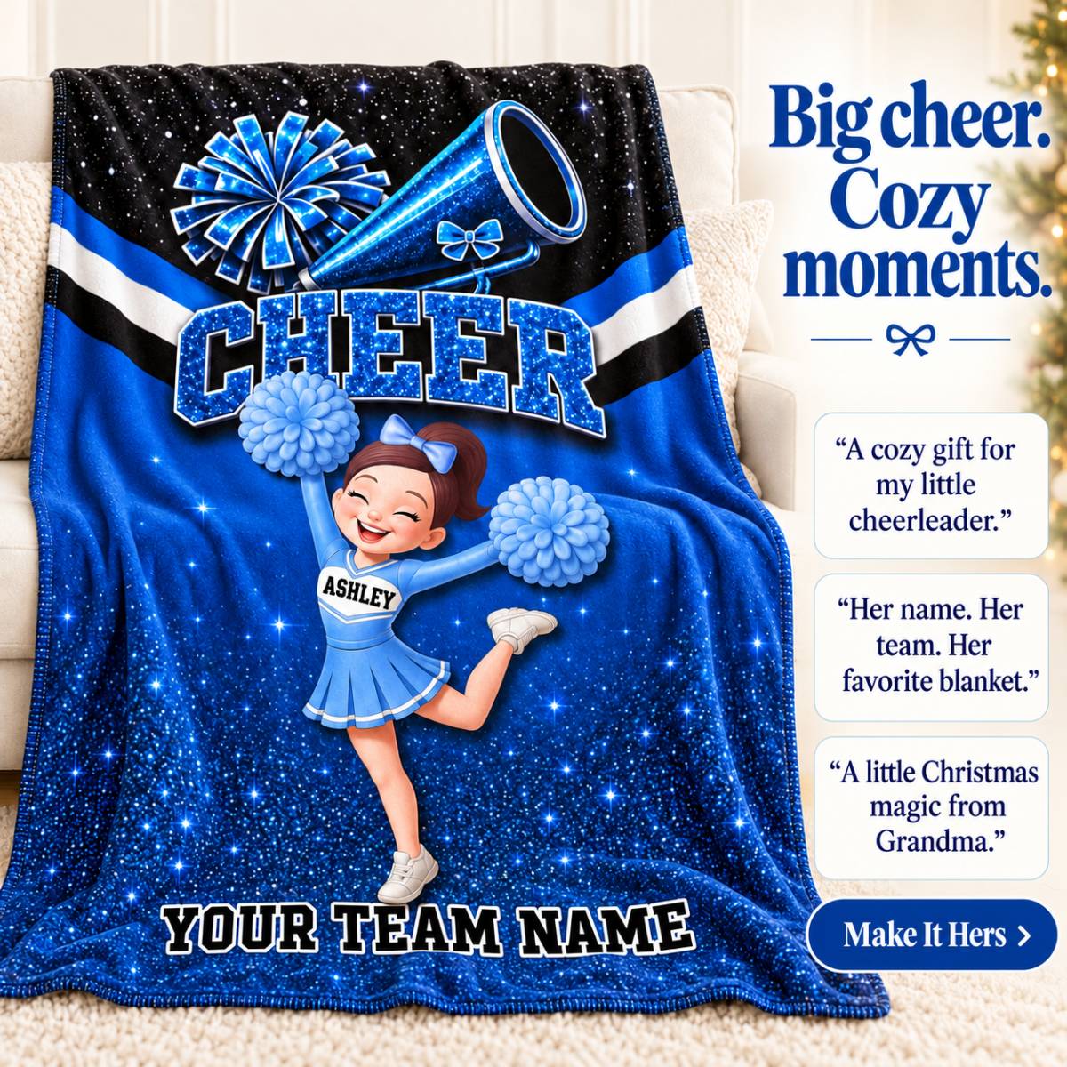 Proud Cheerleader – Personalized Fleece Blanket with Custom Name & Team Name | Christmas Gift For Daughters, Granddaughters & Cheerleaders