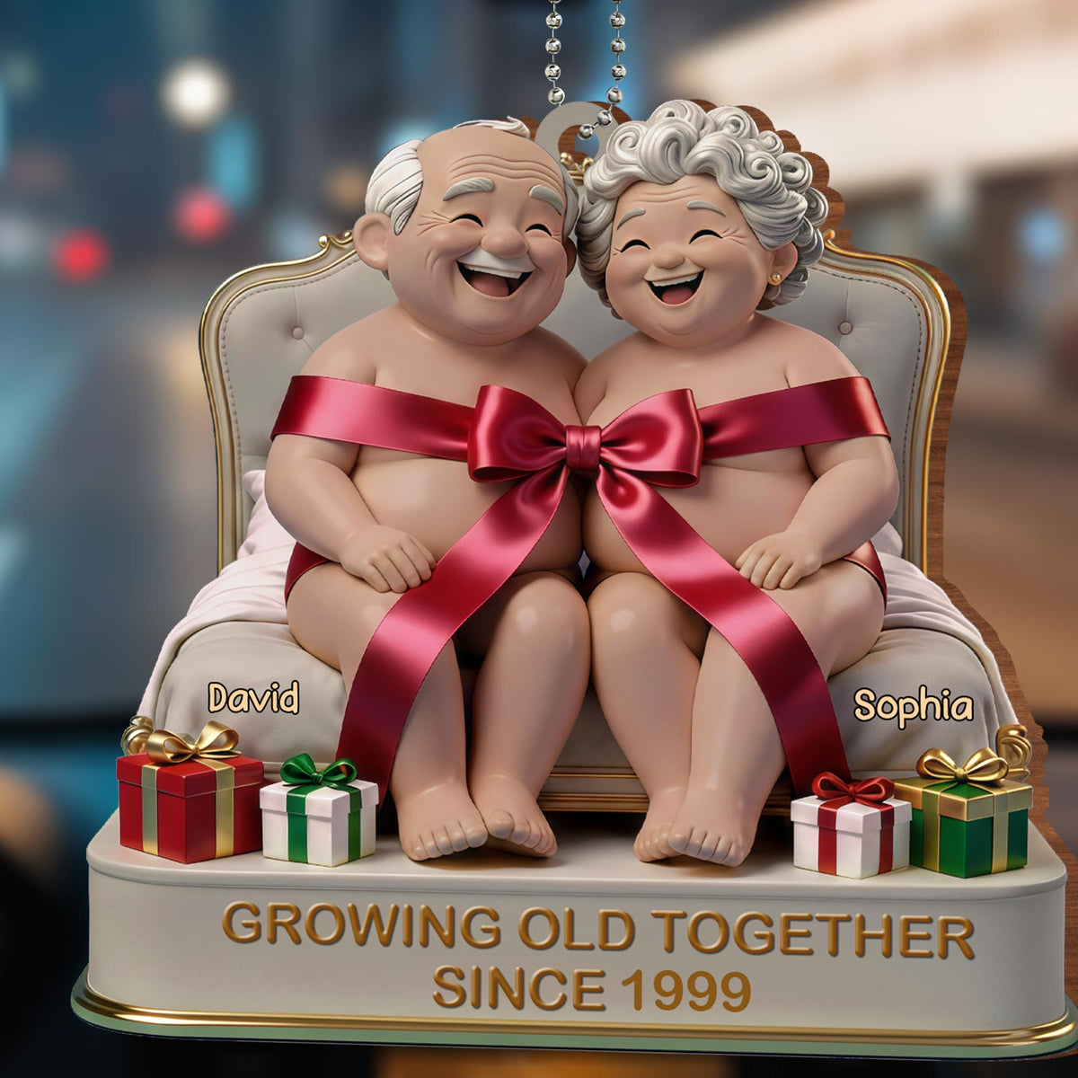 Growing Old Together, Elderly Couple With Gifts, Personalized Car Hanging Ornament