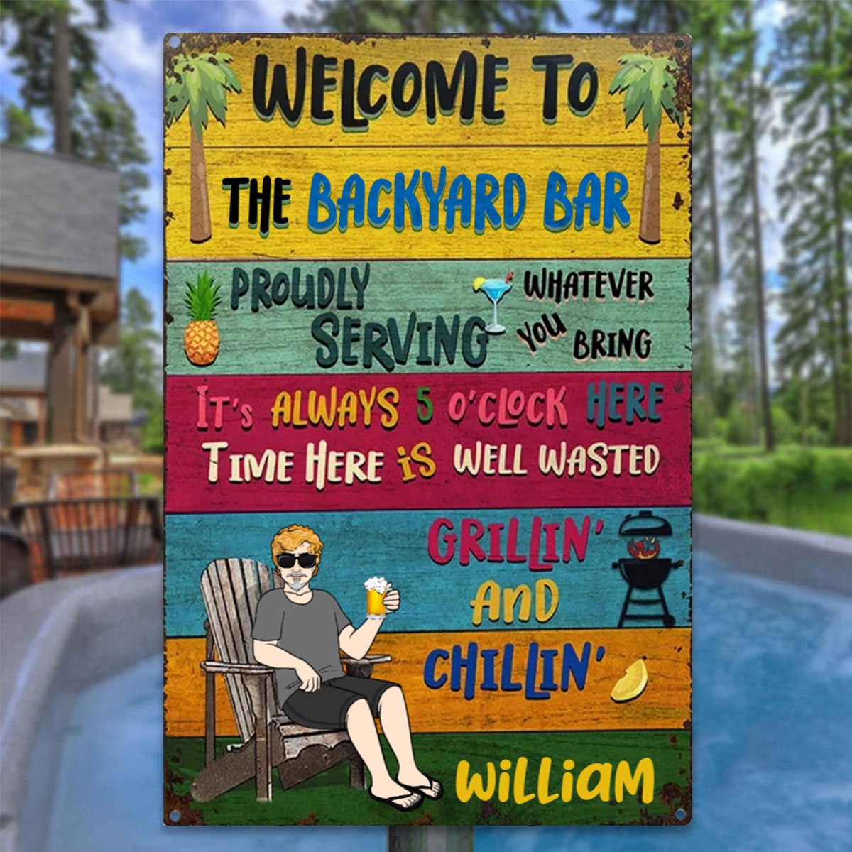 Patio Welcome Grilling Proudly Serving Whatever You Bring -Couple Single - Backyard Sign - Personalized Classic Metal Signs
