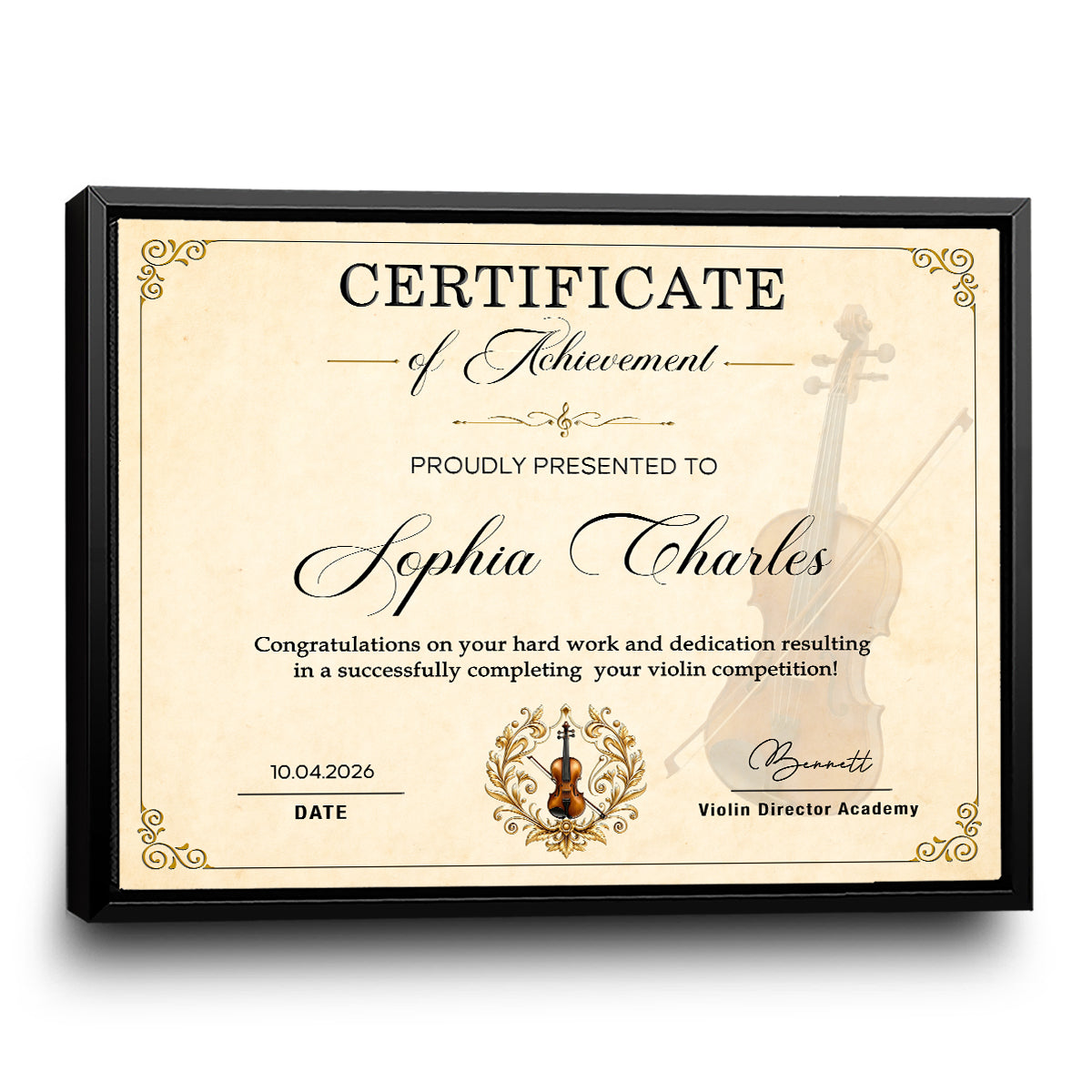 Personalized Violin Certificate Canvas – Custom Achievement Gift For Violin Lovers | Competition & Lesson Graduation Award