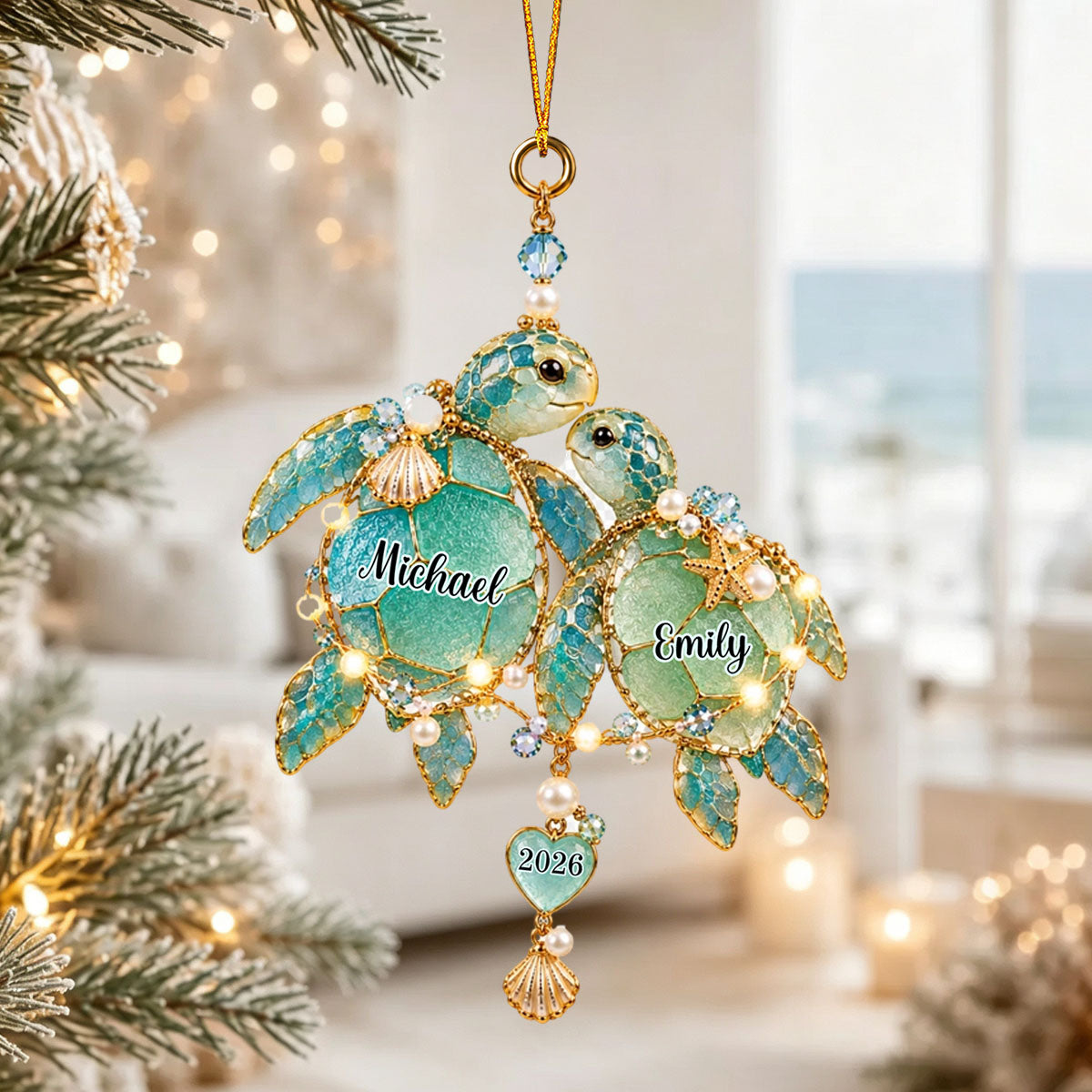 Personalized Sea Glass Sea Turtle Couple Ornament Wedding Christmas Gift For Couples
