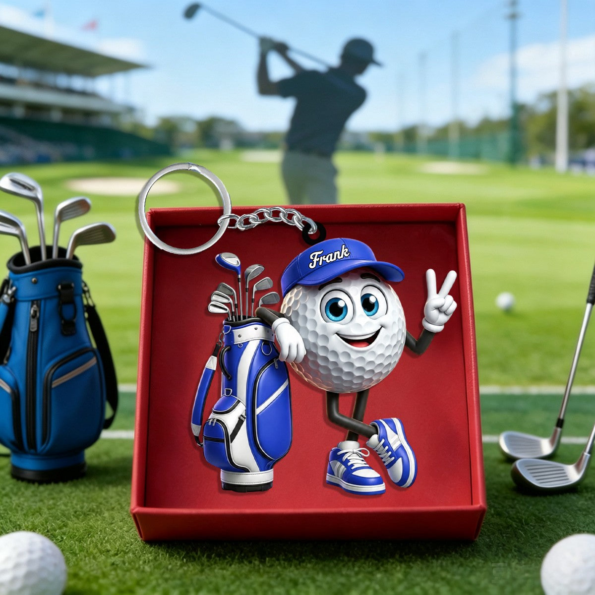 Victory Gesture Personalized Cute Golf Ball Mascot Keychain Gift For Golf Lovers