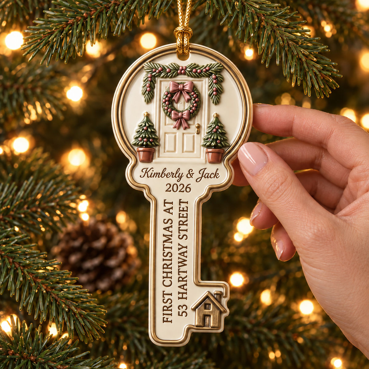First Christmas In Our New Home – Personalized Key Acrylic Ornament | Custom Names, Address & Year Housewarming Keepsake