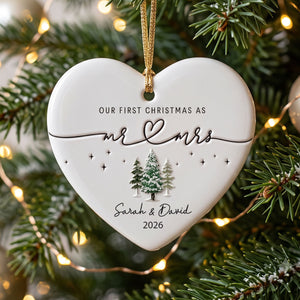 Personalized "Our First Christmas As Mr. & Mrs." Heart Ceramic Ornament – Custom Couple Names & Year | Minimalist Newlywed Keepsake