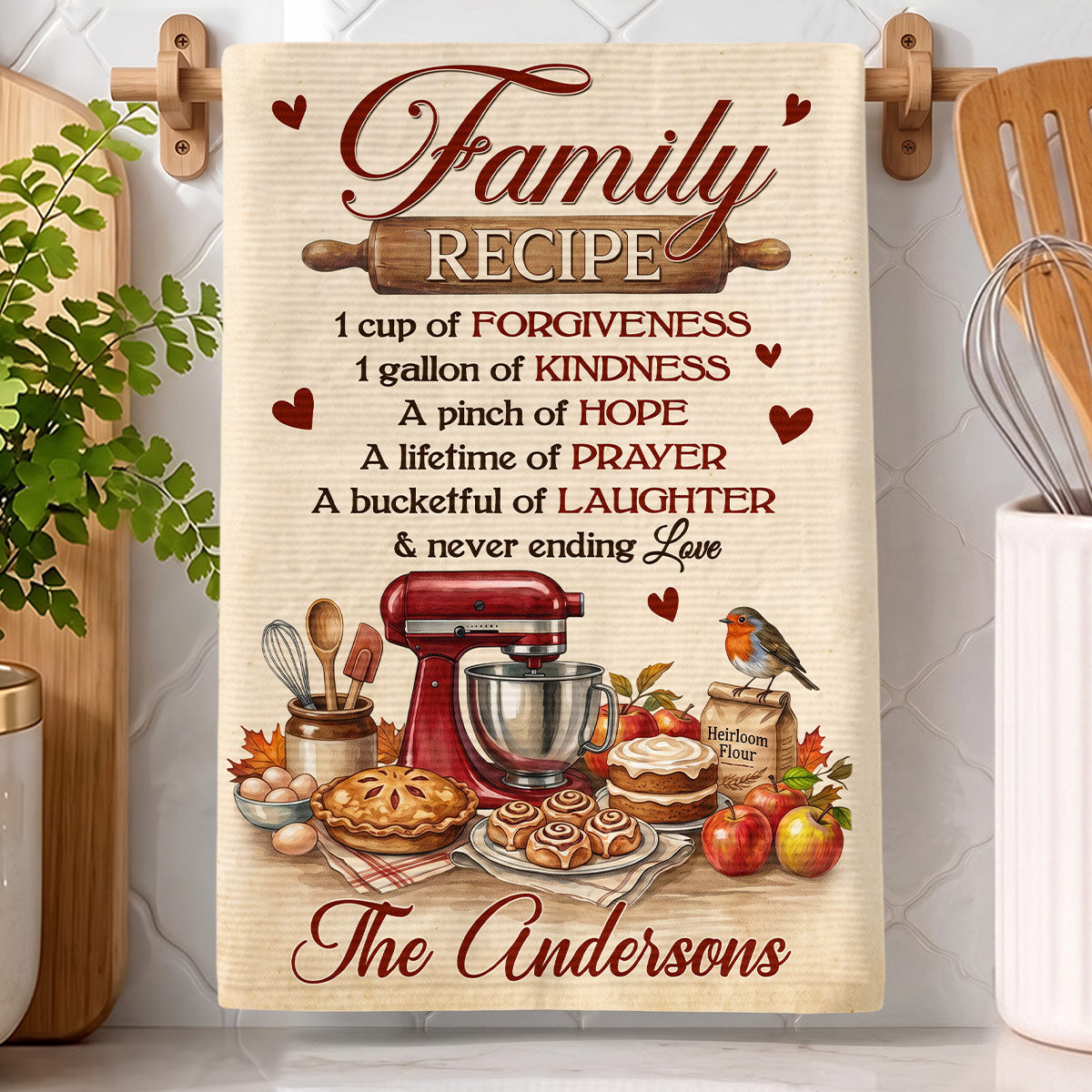 "Recipe For A Happy Family" – Personalized Kitchen Towel | Gift For Families & Home Cooks