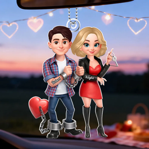 Unique Creative Gift For Couples – Funny Cartoon Couple Acrylic Car Hanger With Handcuffed Love Design