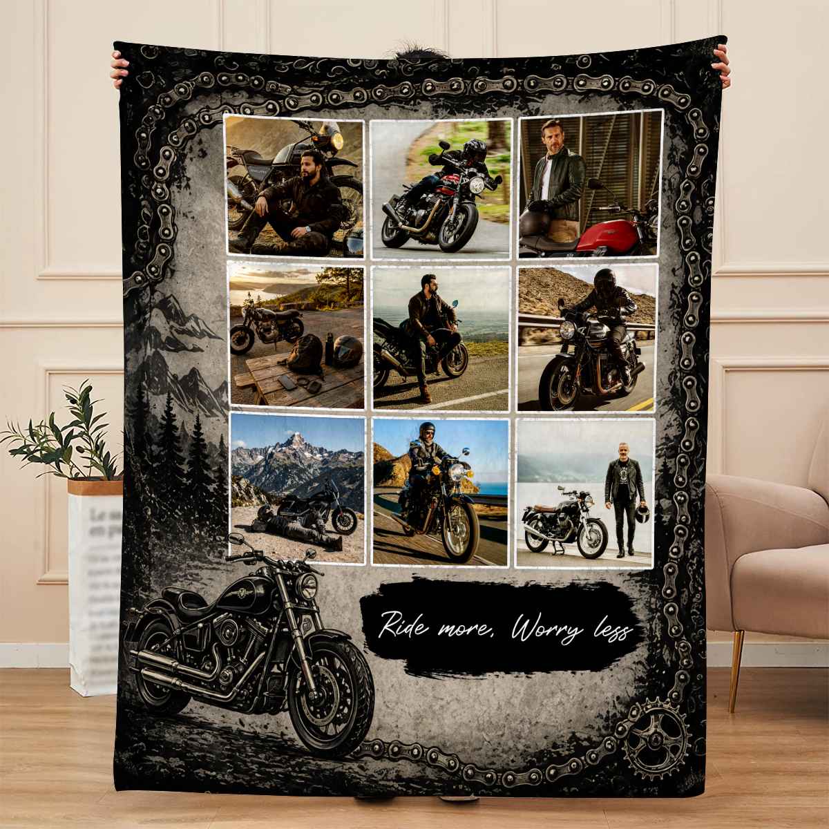 Custom Motorcycle Photo Collage Blanket – Personalized Biker Gift For Dad & Riders