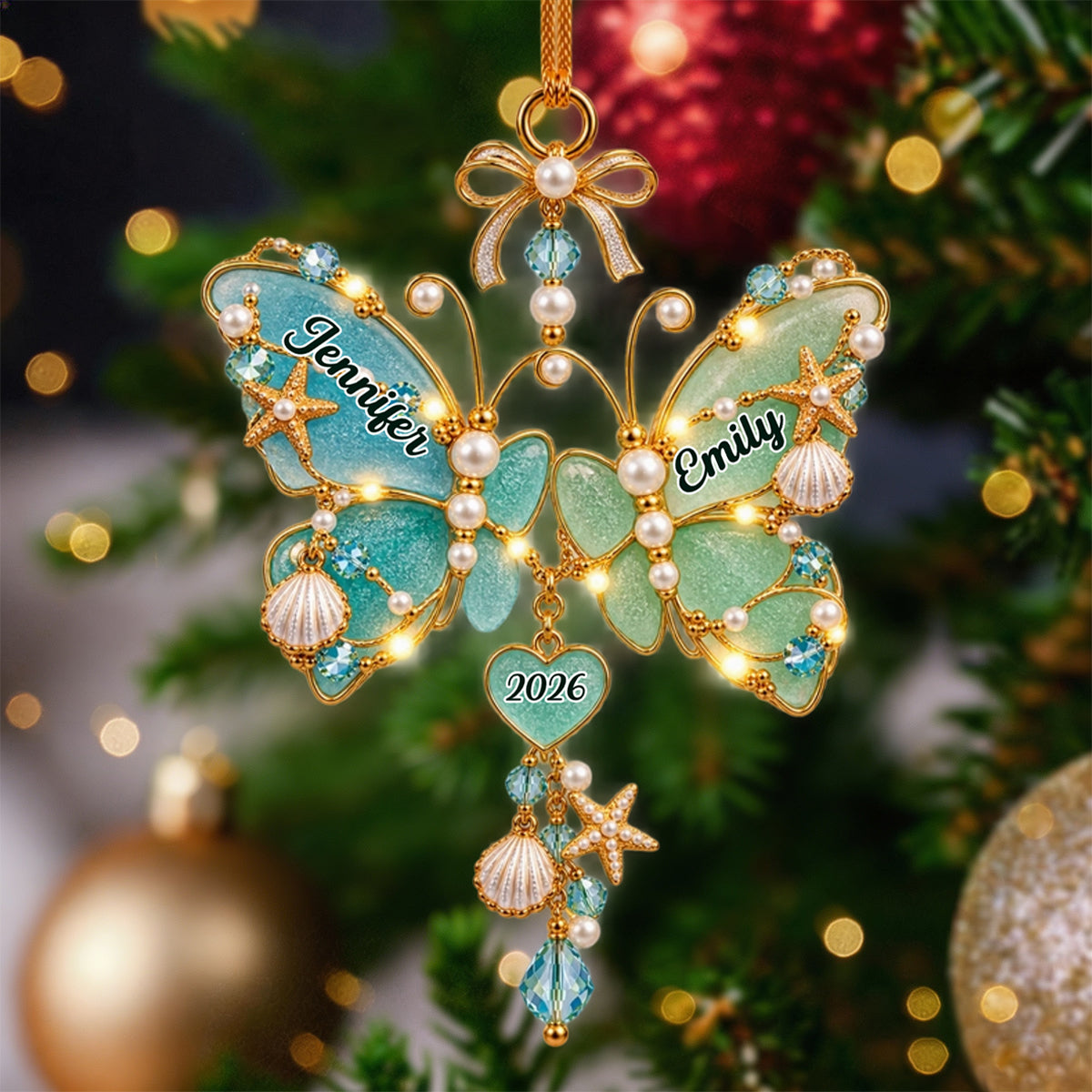 Different wings,same heart - Personalized Sea Glass Butterfly Sisters Christmas Ornament