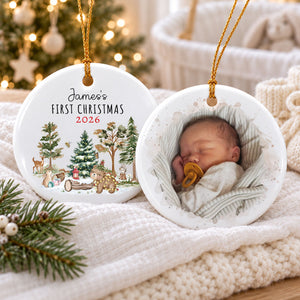 Baby’s First Christmas 2026 – Personalized Double-Sided Photo Ceramic Ornament | Custom Name Woodland Keepsake For New Parents & Grandparents