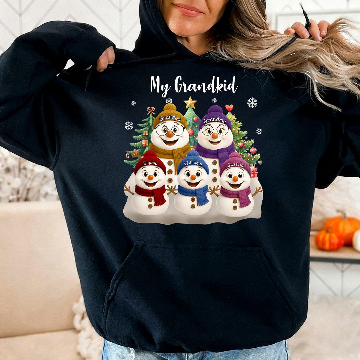 Grandma Snowman With Grandkids Lovely - Personalized Pure Cotton Hoodie