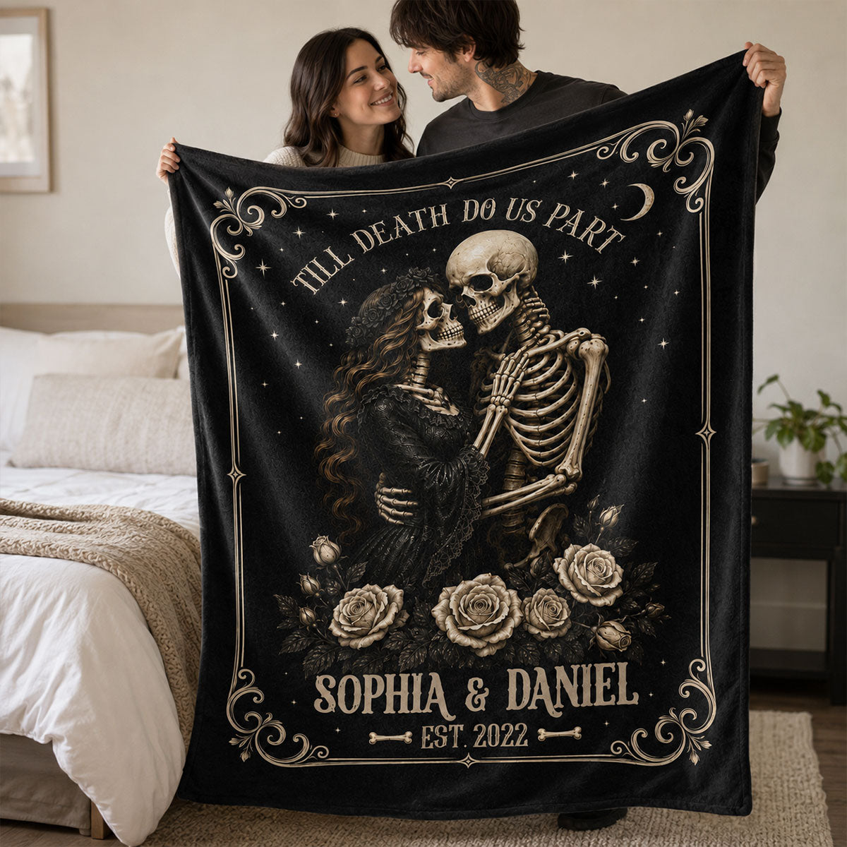 Personalized "Till Death Do Us Part" Skeleton Blanket – Spooky Goth Halloween Gift For Couples