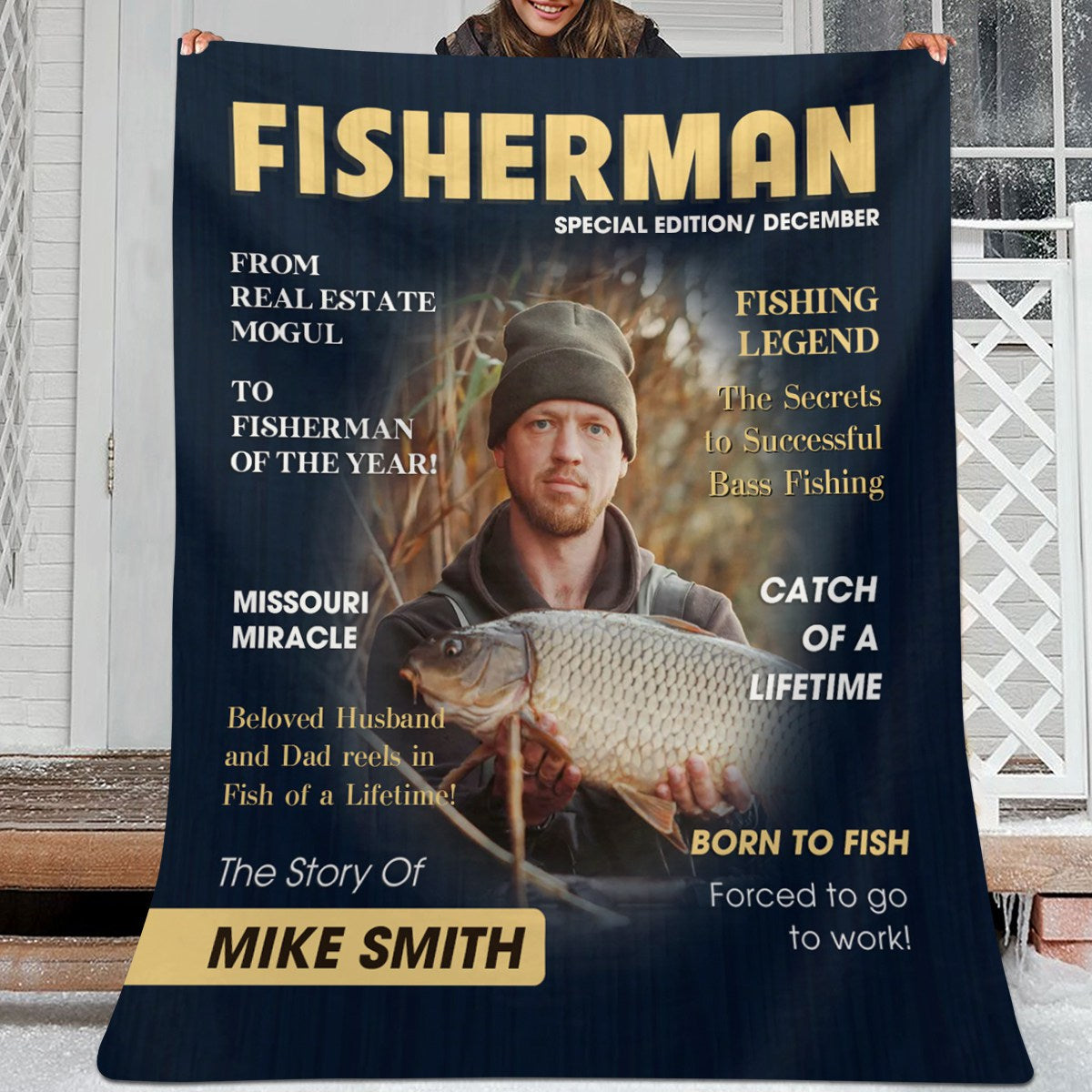 Custom Fishing Magazine Cover Blanket, Personalized Gift For Fishermen,Fishing Dad Gift, Angler Funny Fisherman Gift