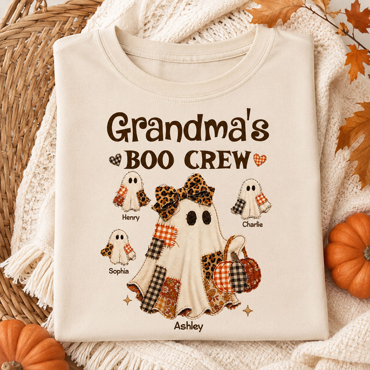 "Grandma's Fall Halloween" – Coquette Faux Patchwork Pattern Shirt | Personalized Gift For Grandma