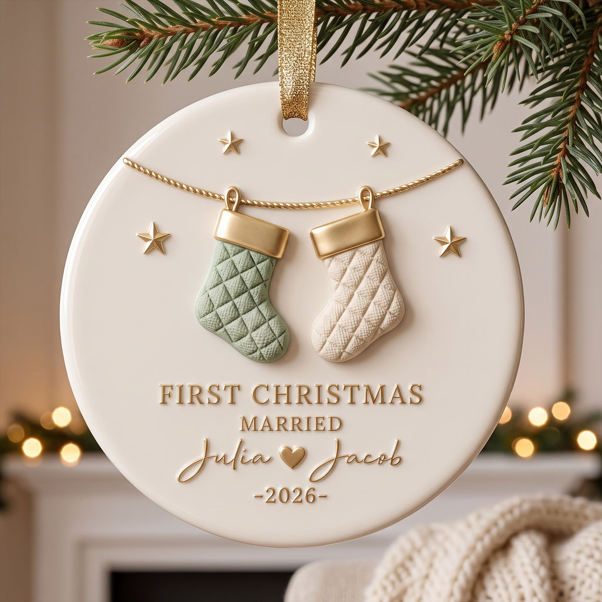 Our First Christmas Married – Personalized Ceramic Ornament | Custom Couple Names & Year Stocking Keepsake For Newlyweds