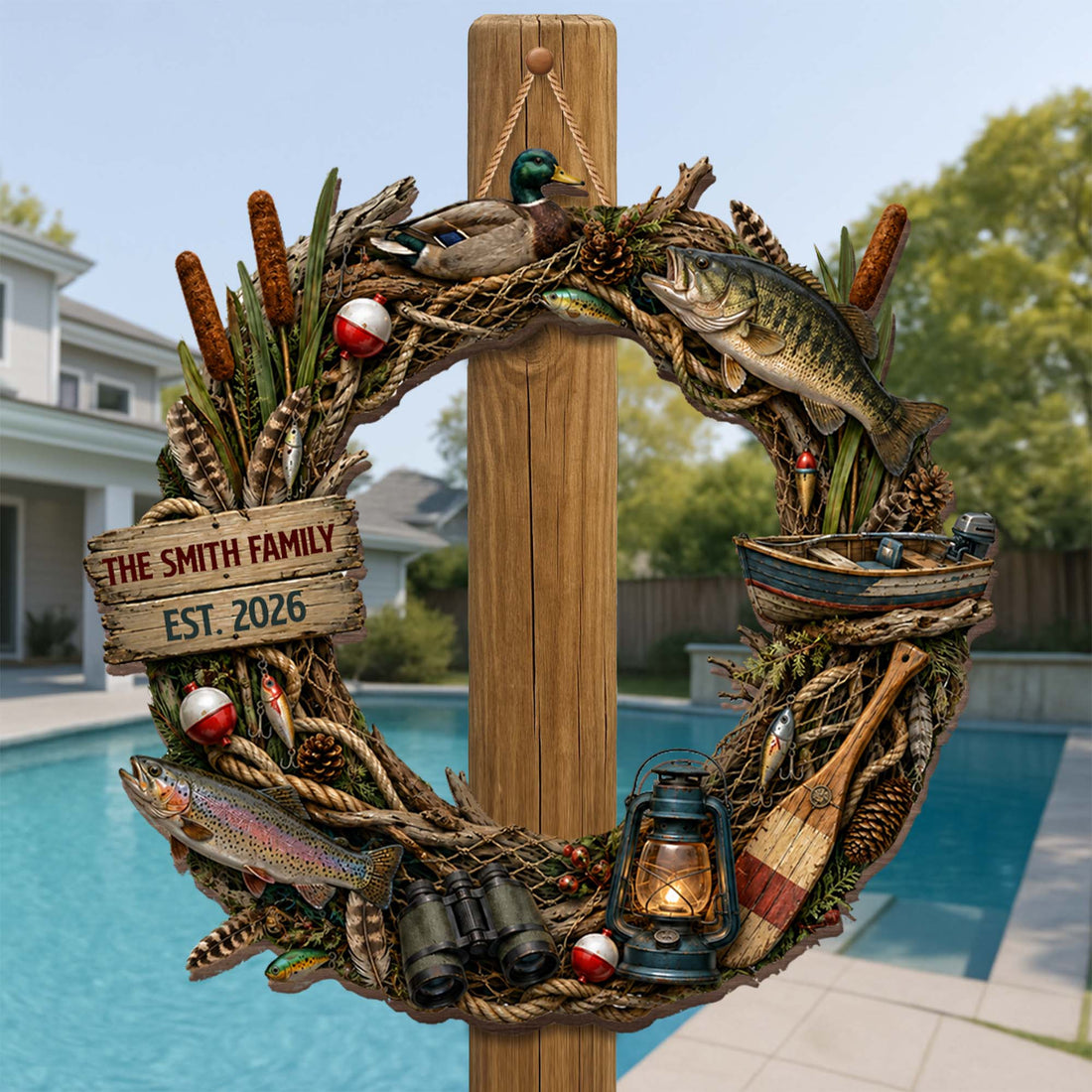 "Our Family Fishing" – Personalized Wood Sign Wreath | Gift For Fishing Lovers & Outdoorsmen