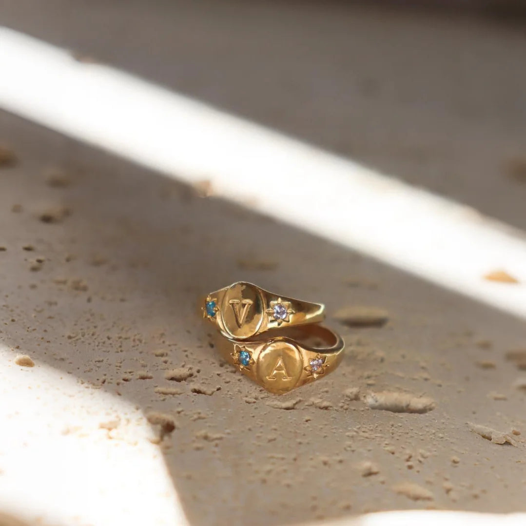 Personalized Birthstones Signet Initial Ring