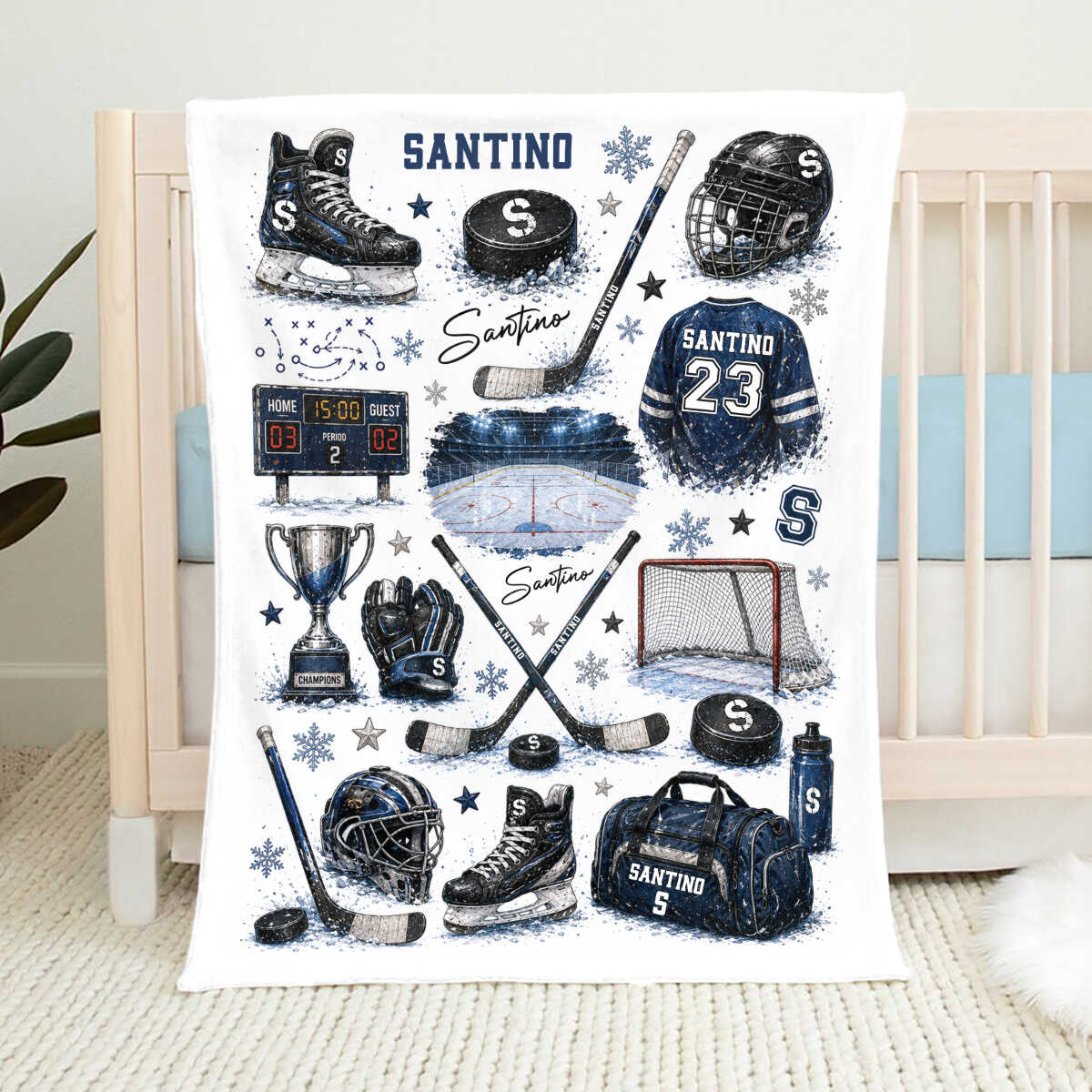 Personalized Hockey Baby Blanket With Name – Custom Ice Hockey Throw For Boys | Hockey Nursery Decor & Toddler Gift