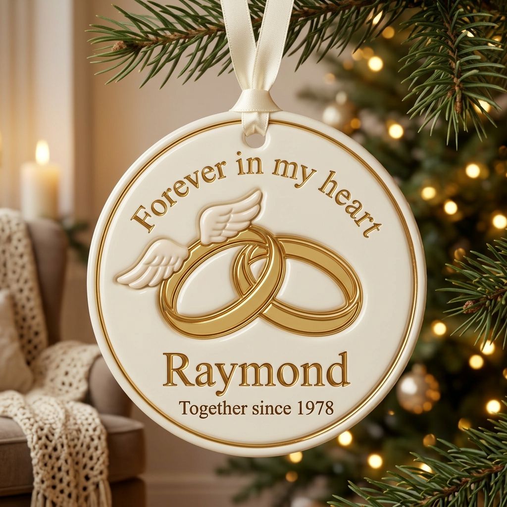 Forever In My Heart – Personalized Wedding Rings Memorial Ceramic Ornament | Custom Husband’s Name & Wedding Year | Sympathy Gift For A Widow