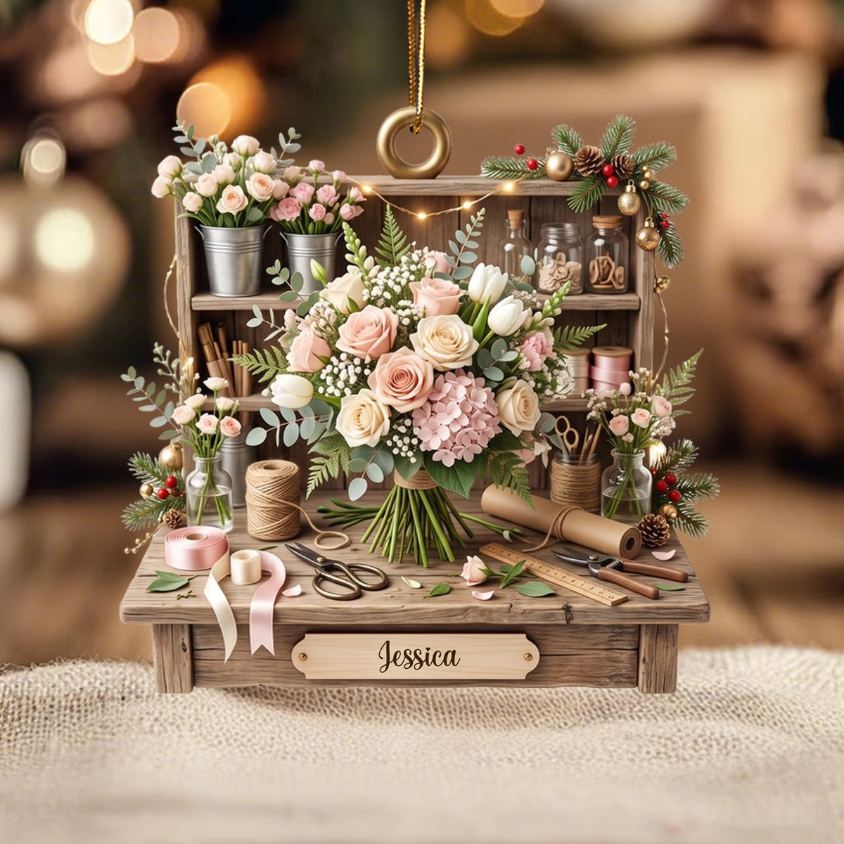 Personalized Romantic Florist Studio Ornament, Miniature Floral Workstation Christmas Decor