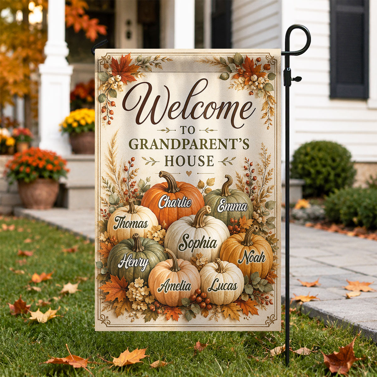 Personalized "Welcome To Grandparent's House" Fall Pumpkin Garden Flag – Seasonal Decor Gift For Grandma & Grandpa