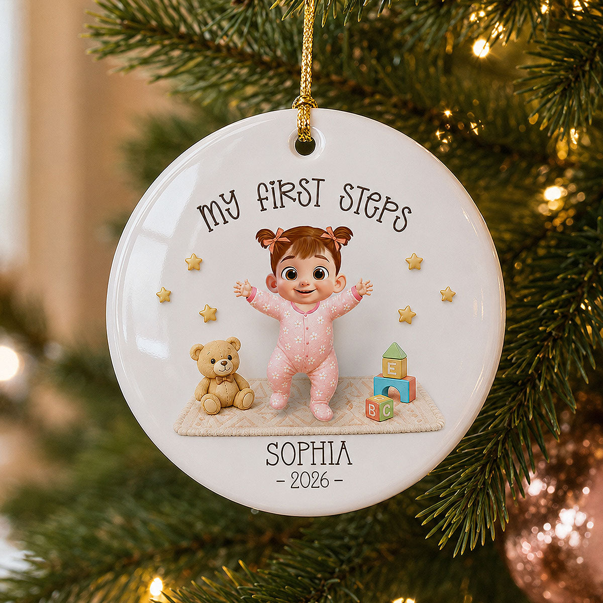 "Baby's First Steps – Learned To Walk" – Personalized Ceramic Ornament | Milestone Christmas Keepsake