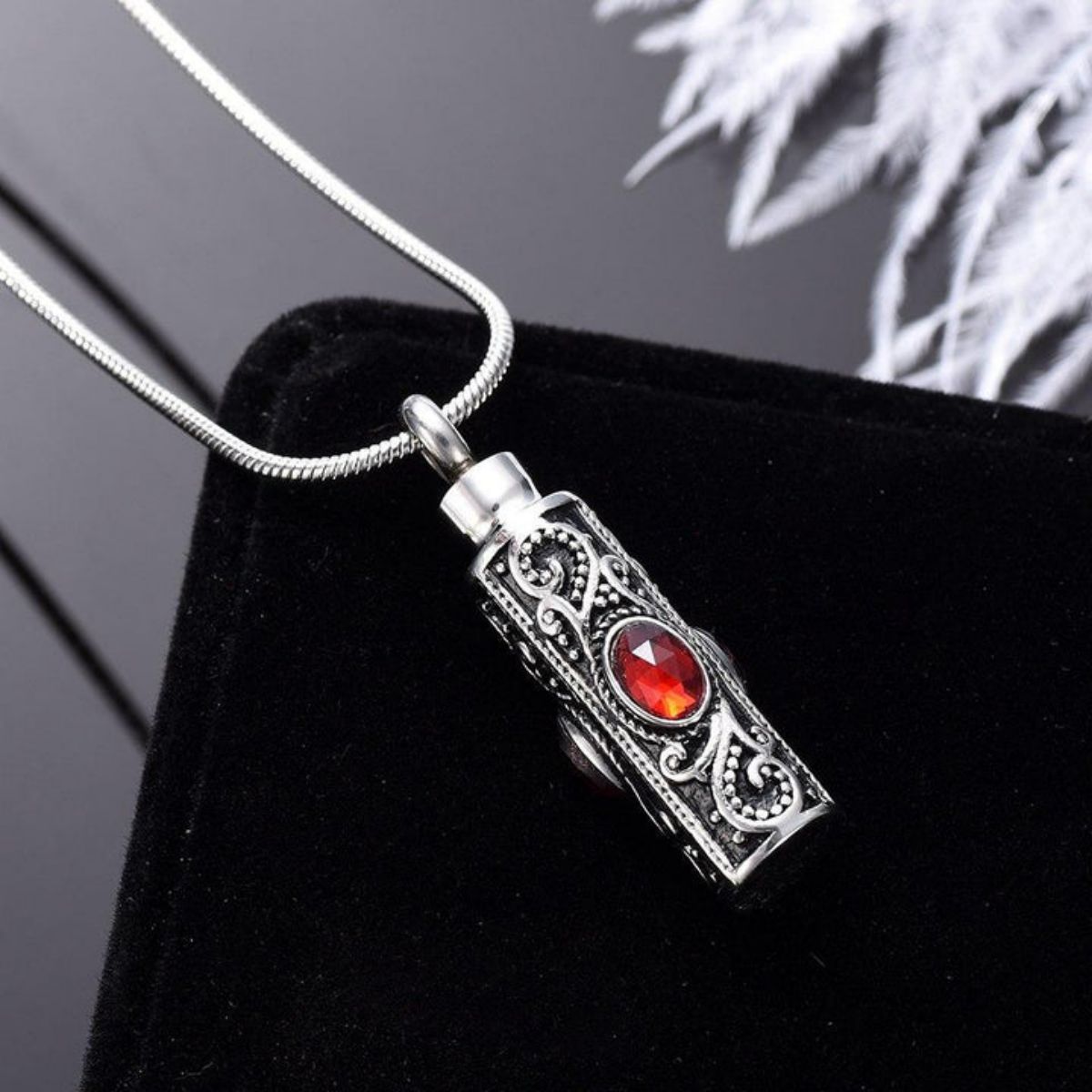Personalized Gemstone Vintage Cylinder Urn Necklace for Ashes, Sympathy Gift for Pet Loss/Family/Friend/Lover