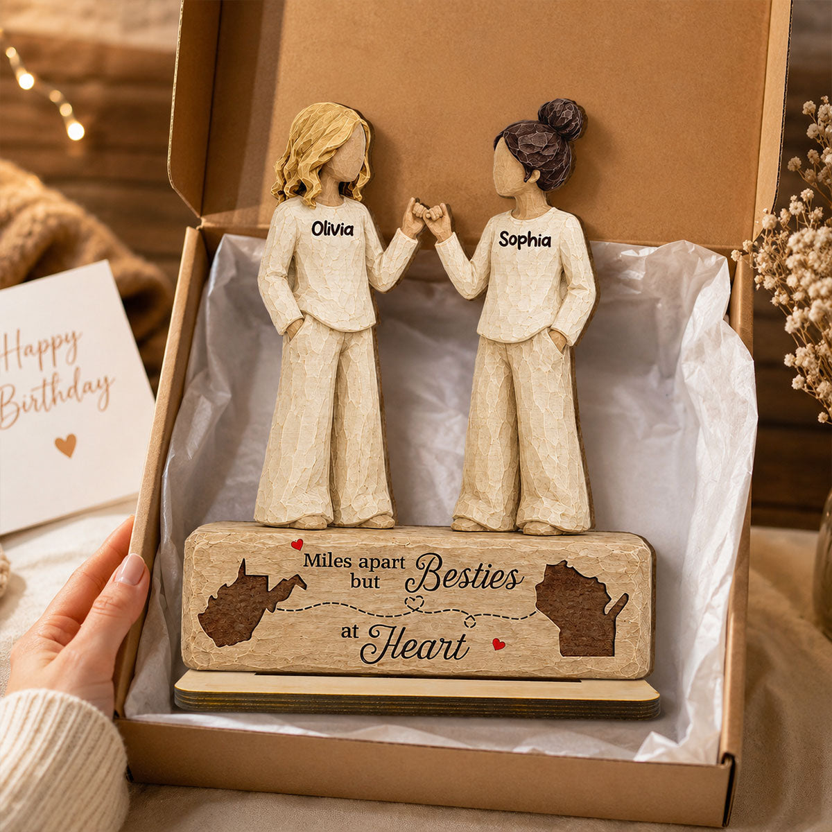 "Pinky Promise Miles Apart" – Personalized Wooden Plaque | Long Distance Friendship Gift For Best Friends