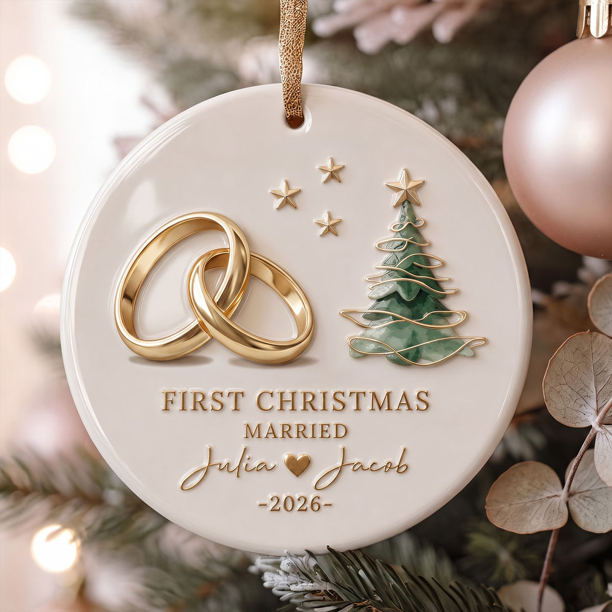 Personalized "First Christmas Married" Ceramic Ornament – Custom Names & Year For Newlyweds