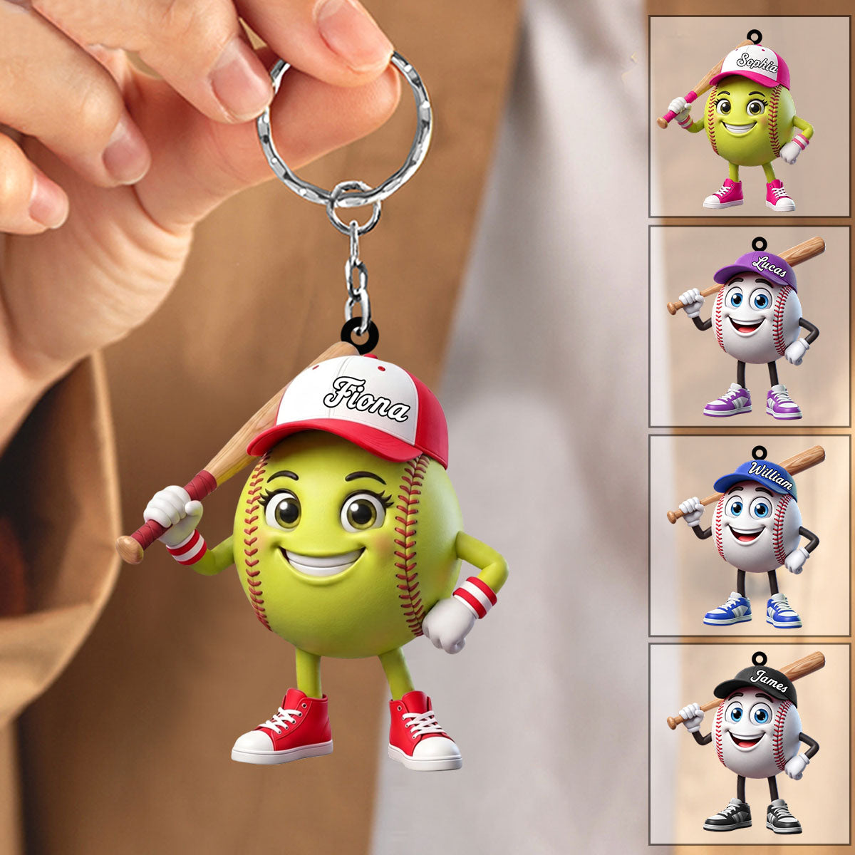 Baseball Softball Batter Keychain - Personalized Cool Baseball Softball Ball Mascot Keychain