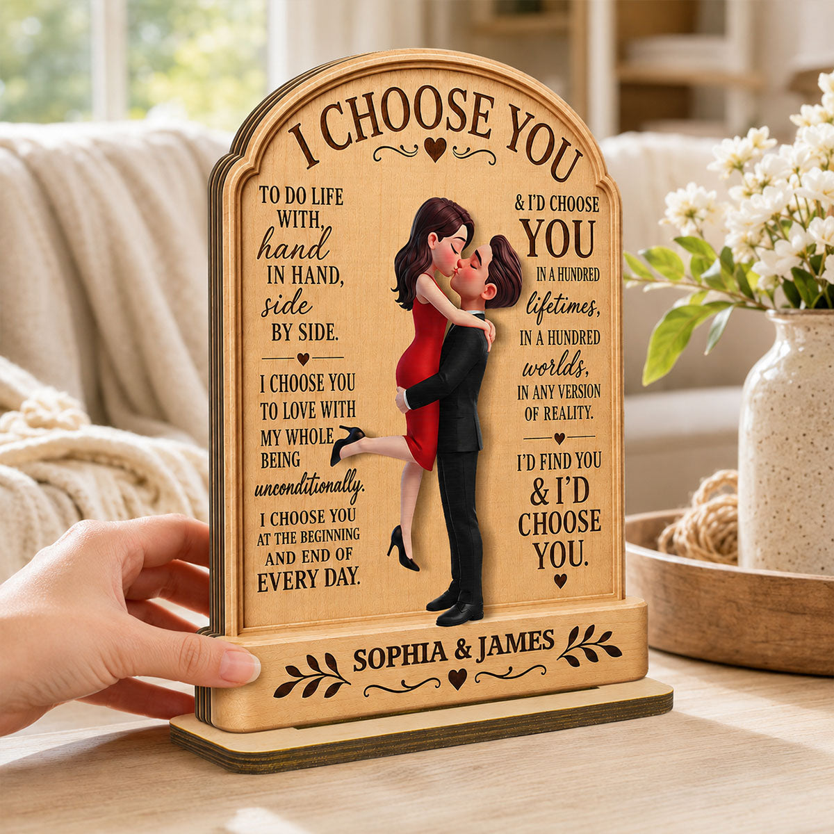 Personalized "I Choose You" Wooden Plaque – Couple Hugging Kissing Design | Anniversary Keepsake For Couples