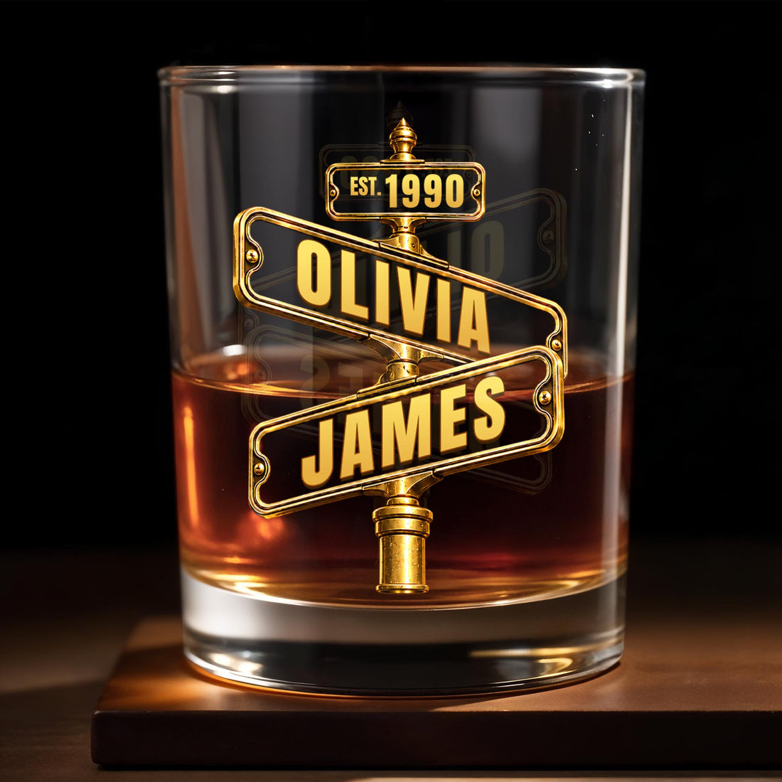 Personalized “Est.” Street Sign Whiskey Glass – Custom Couple Names & Year Gift