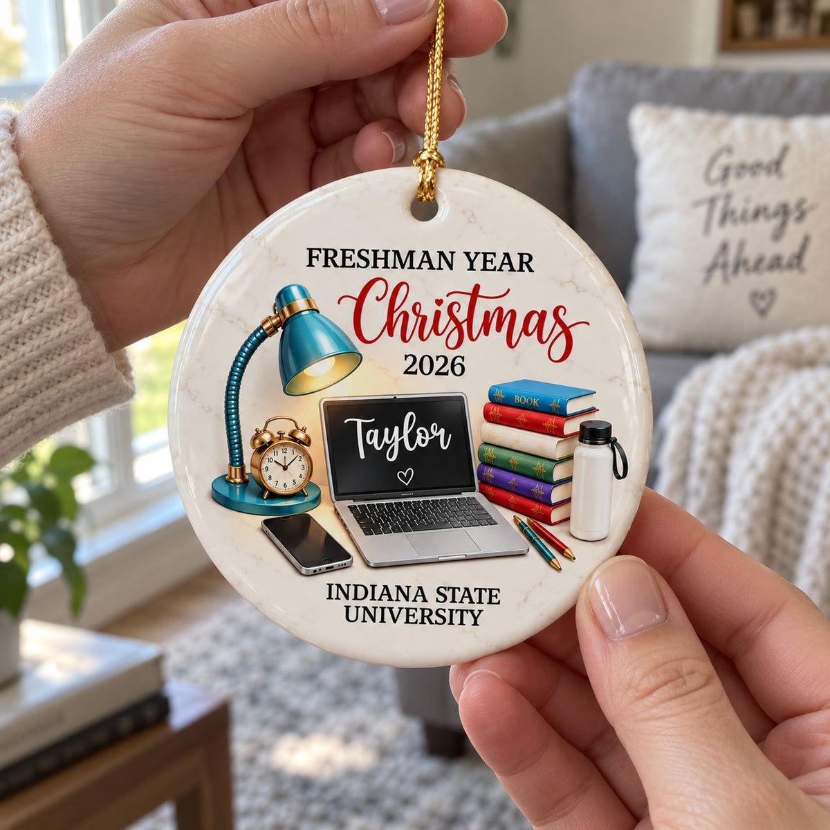 Freshman Year Christmas Study Desk – Personalized Ceramic Ornament – College Student Christmas Gift, First Year Keepsake