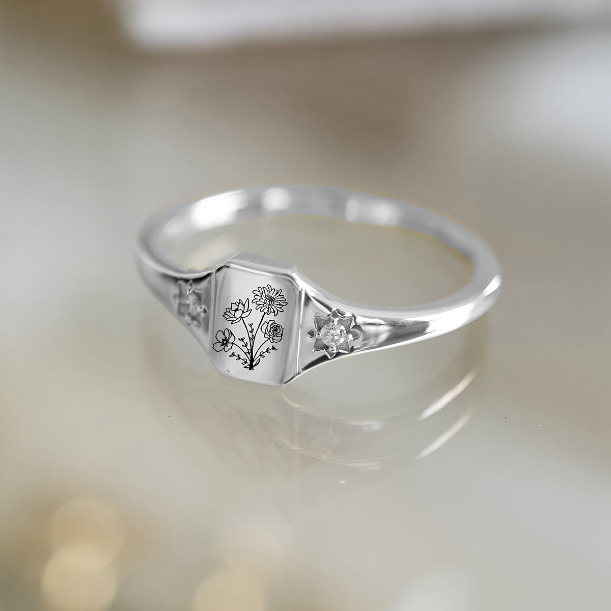 Personalized Birth flower gold ring, Statement flower rings for women, Minimalist ring