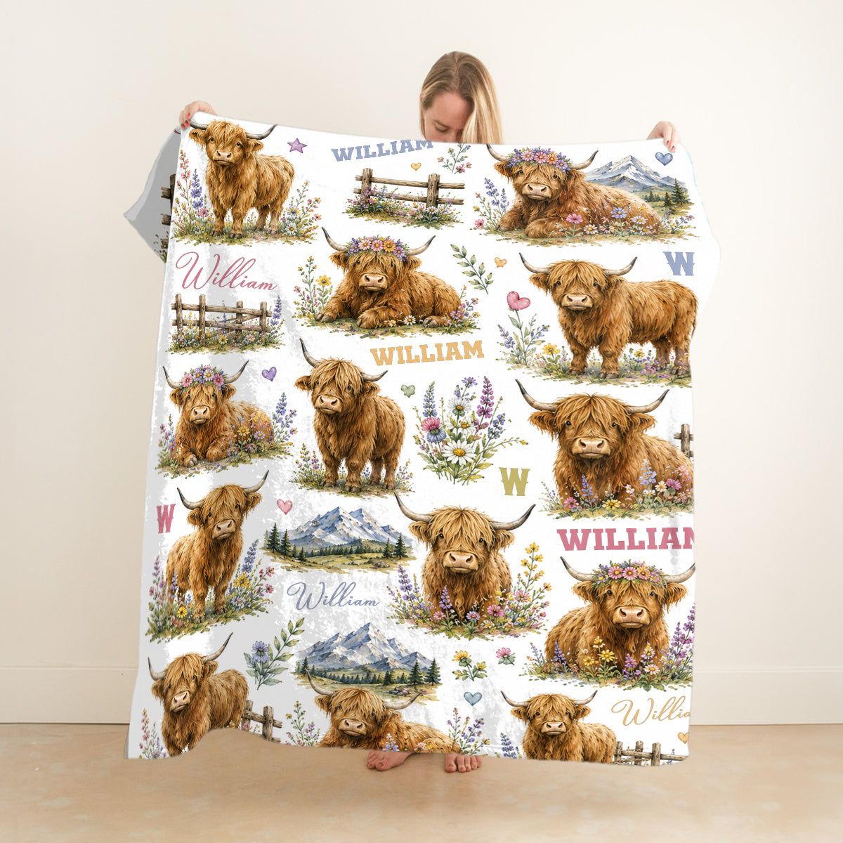 Personalized Highland Cow Baby Blanket – Custom Name Floral Design | Cute Nursery Decor & Baby Shower Gift For Boy Or Girl