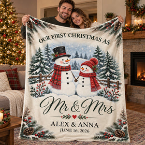 Snowman Couple First Christmas Personalized Blanket – Cozy Fireplace First Christmas Couple Keepsake