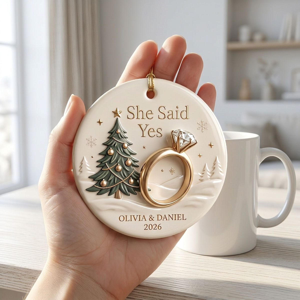 She Said Yes – Personalized Engagement Ceramic Ornament | Custom Couple Names Round Keepsake Gift