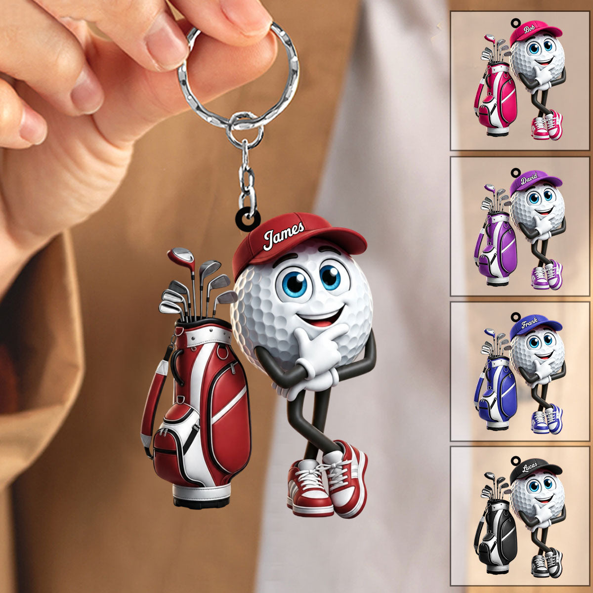 Thinking Pose Golf Buddy Keychain - Personalized Cute Golf Ball Mascot Keychain