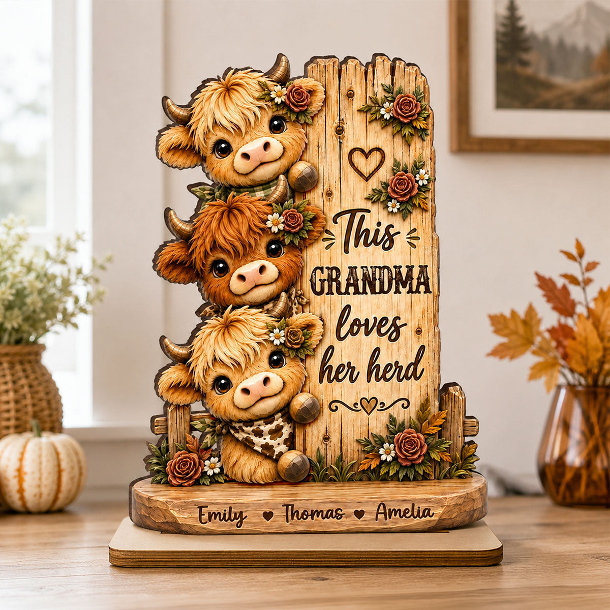 Personalized "This Grandma Loves Her Herd" Wooden Plaque – Cozy Fall Gift For Grandma