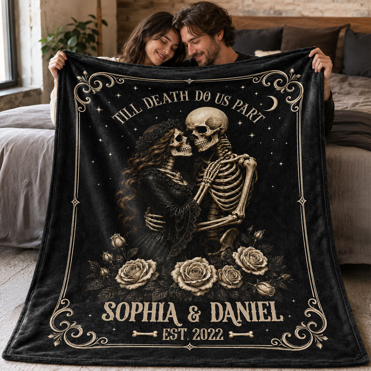 Personalized "Till Death Do Us Part" Skeleton Blanket – Spooky Goth Halloween Gift For Couples