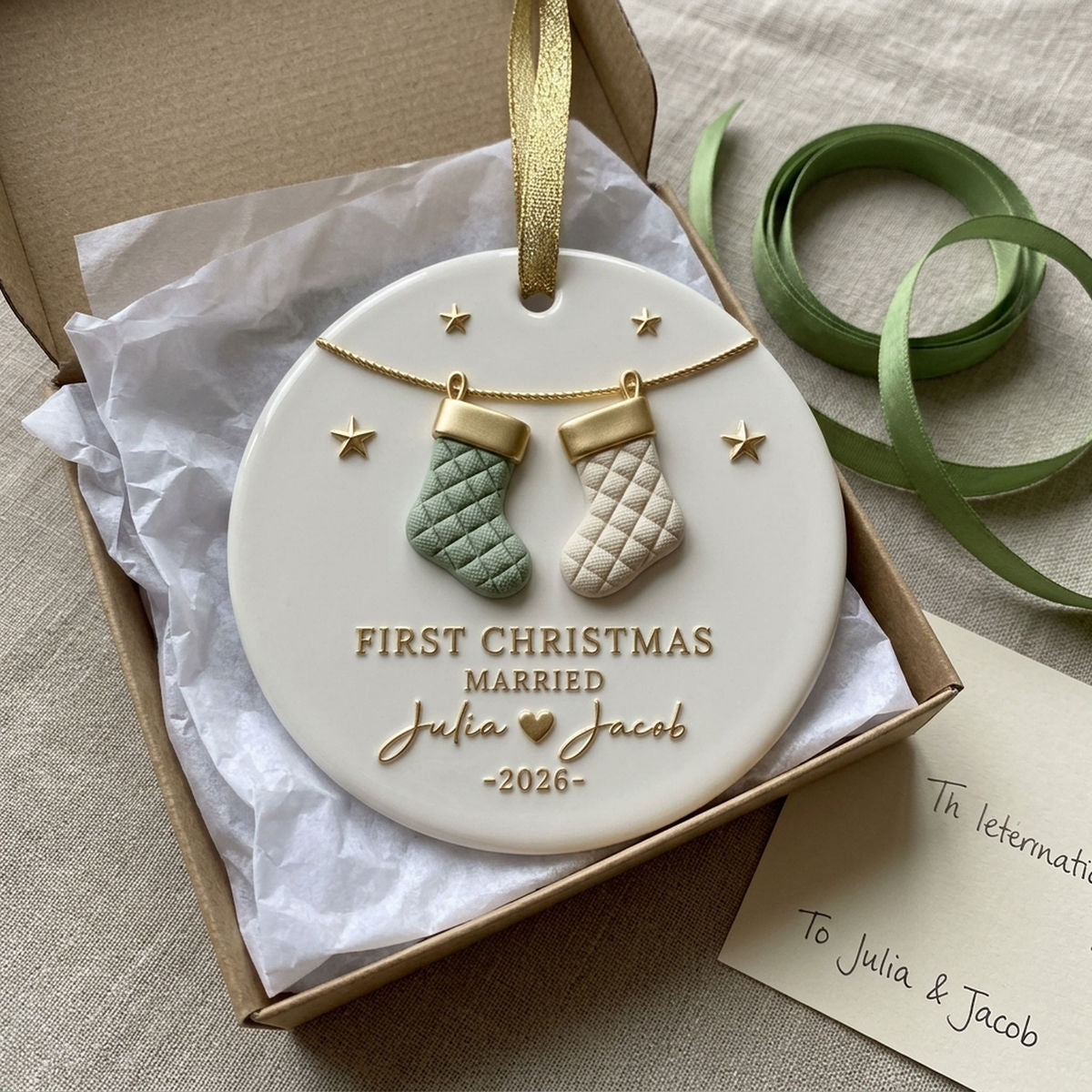 Our First Christmas Married – Personalized Ceramic Ornament | Custom Couple Names & Year Stocking Keepsake For Newlyweds