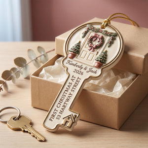 First Christmas In Our New Home – Personalized Key Acrylic Ornament | Custom Names, Address & Year Housewarming Keepsake