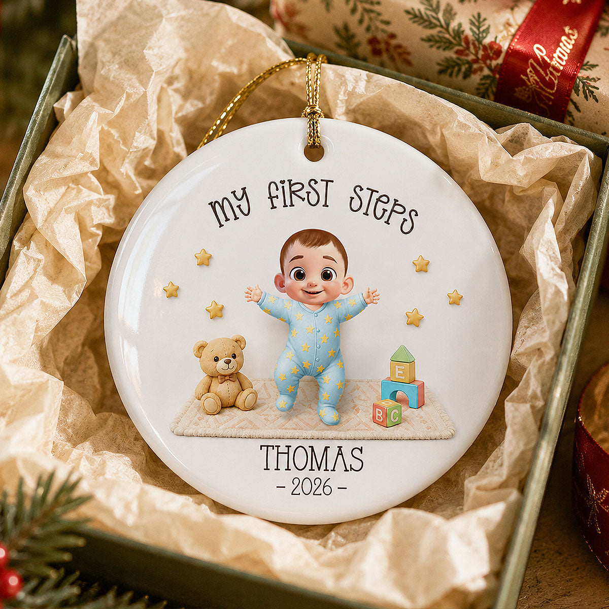"Baby's First Steps – Learned To Walk" – Personalized Ceramic Ornament | Milestone Christmas Keepsake
