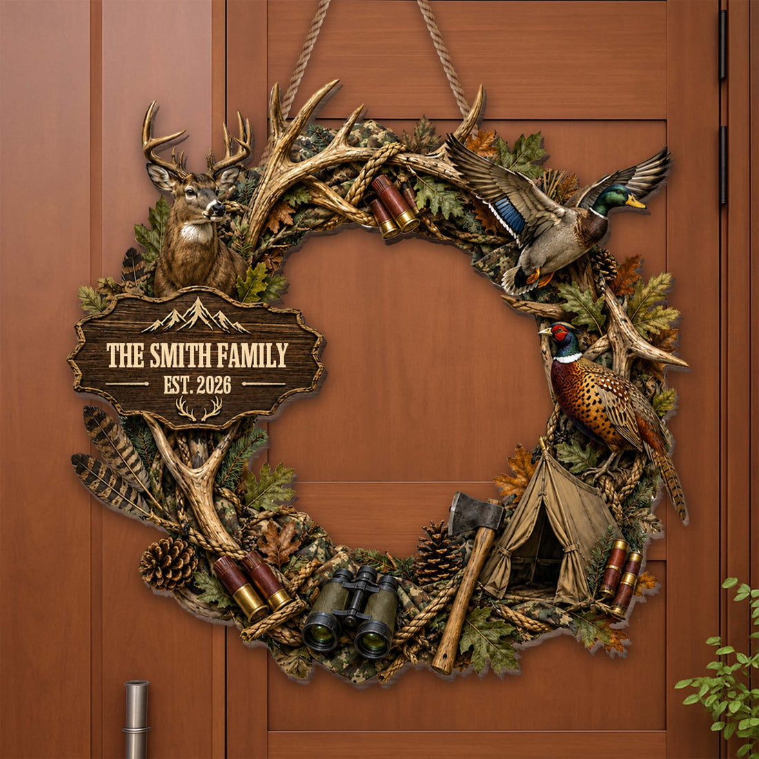 "Our Family Hunting" – Personalized Wood Sign Wreath | Gift For Hunters & Outdoorsmen